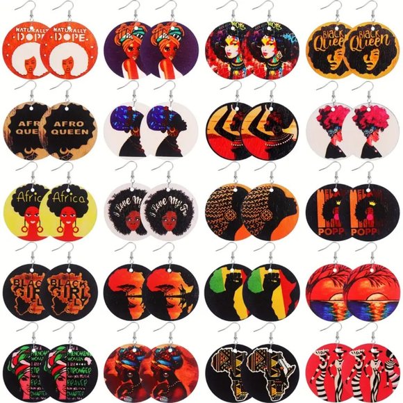 20 Pairs African Totem Black Beauty Pattern Round Dangle Earrings - Picture 1 of 11
